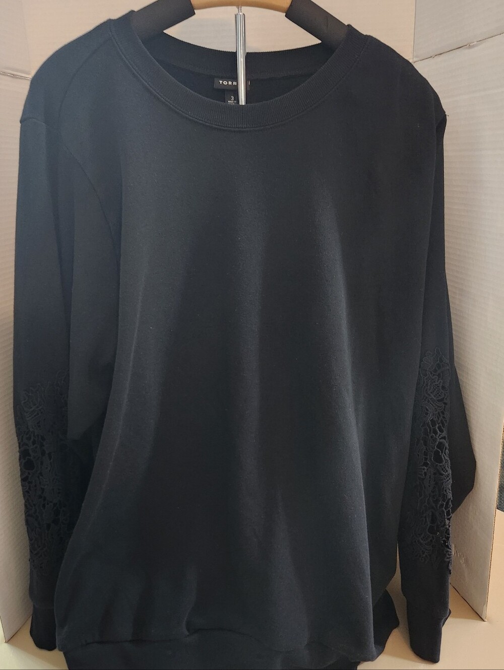 Torrid Relaxed Crochet Black Sweatshirt with Lace Sleeve Detail